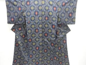 格子に井桁絣・抽象花模様織り出し手織り紬着物